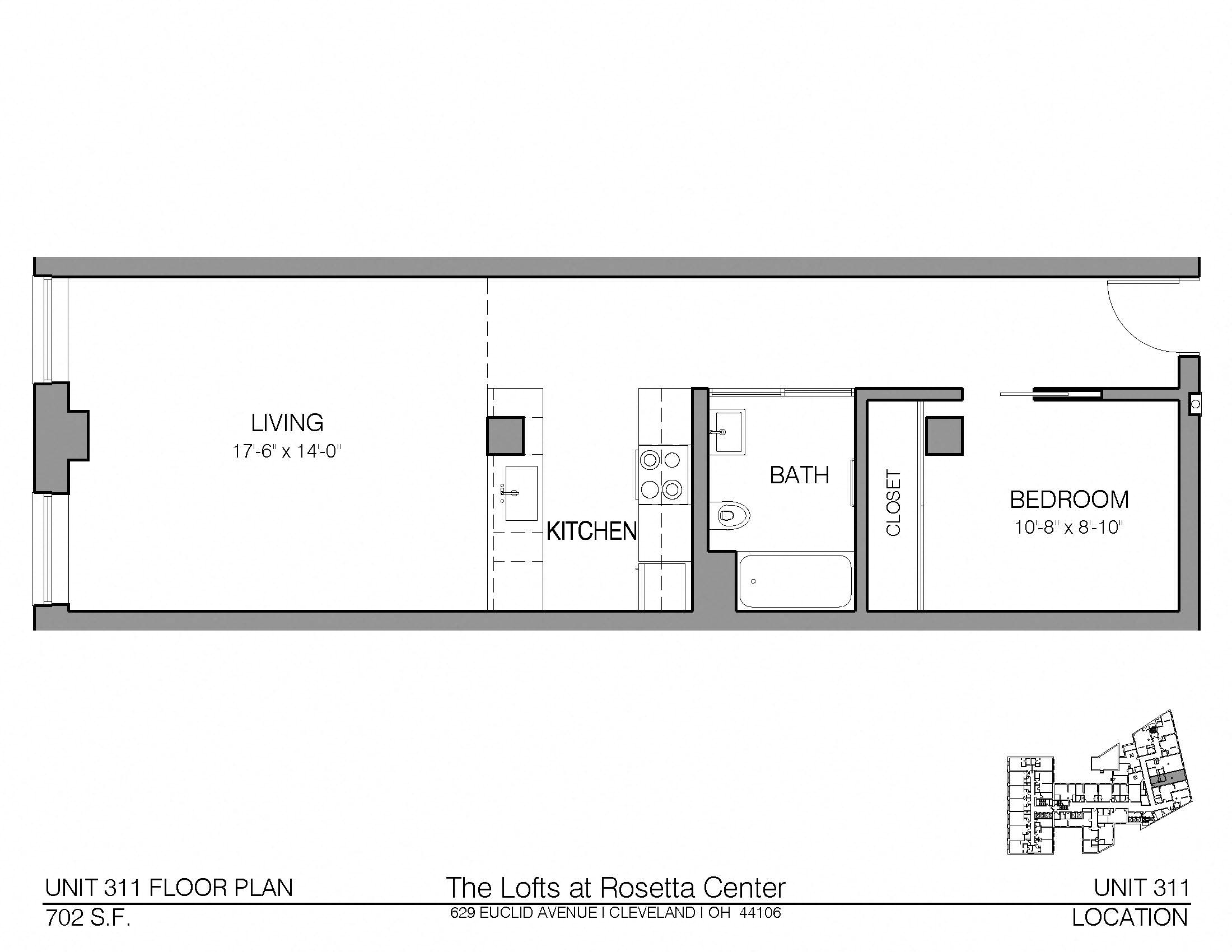 Floor plan for 1 bed, 1 bath, 702 sqft
